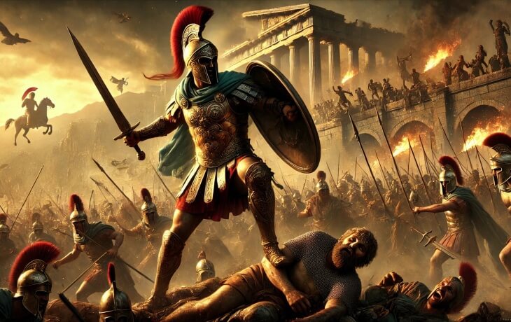 Aeneas, Troya Savaşı’nın kaosunda, düşmanlarıyla çarpışırken şehri savunuyor. Arkasında alevler içinde kalan Troya, büyük yıkımın habercisi.